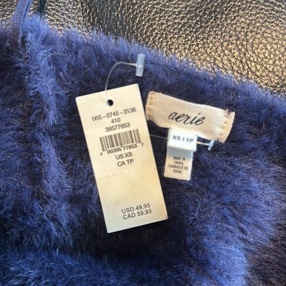 Aerie Fluffy-4-Ever Reversible Twist Fuzzy Crop Sweater Navy Blue - Picture 4 of 10